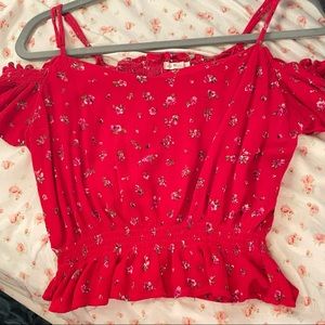 red floral shoulder less women’s crop top blouse